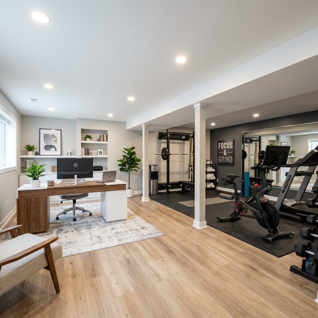 Modern Finished Basement Home Office and Gym
